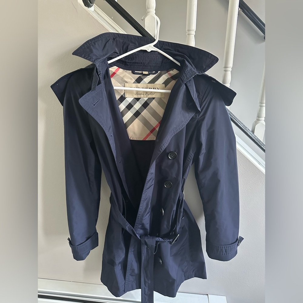Authentic Burberry classic trench coat with hood. Water resistant.